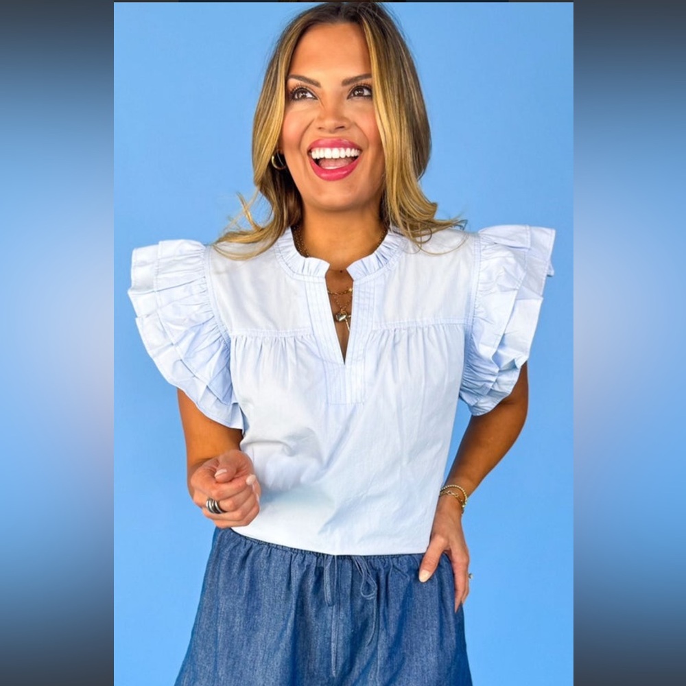 Blue Split Frill Neck Ruffle Layer
Sleeve Top NWT Medium